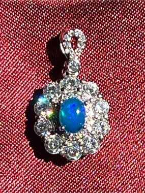 Ethiopian Blue OPAL Cabochon Halo Pendant with Chain